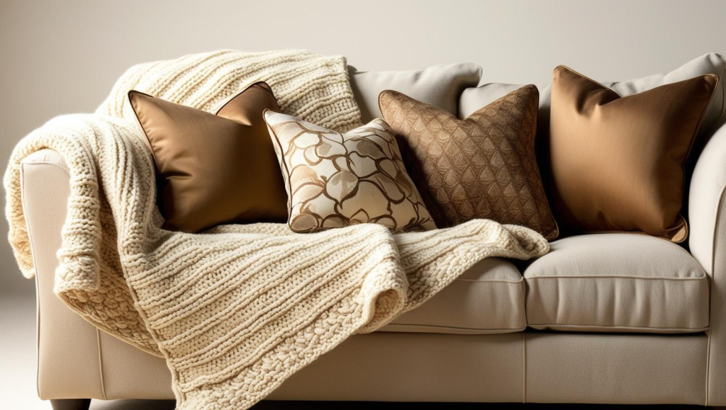 Housewarming gift ideas - throw blanket and cushions on a sofa